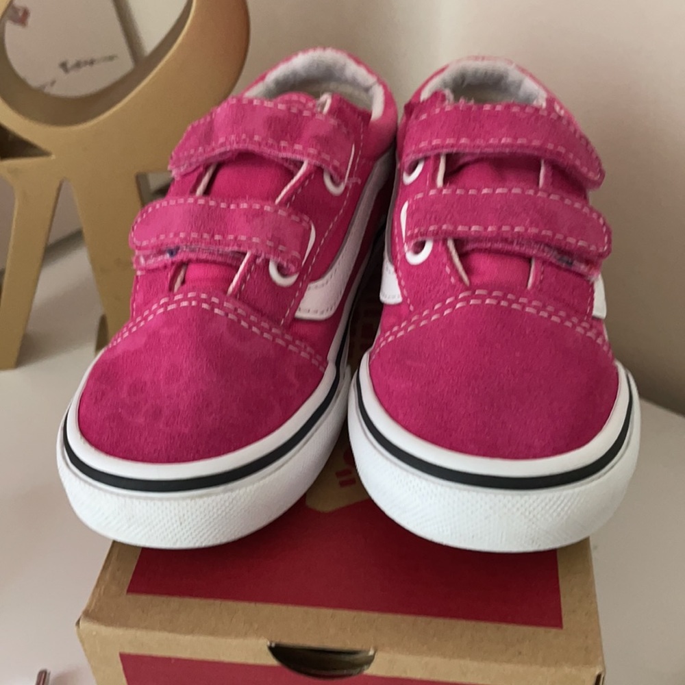 Toddler pink vans with the double Velcro strap